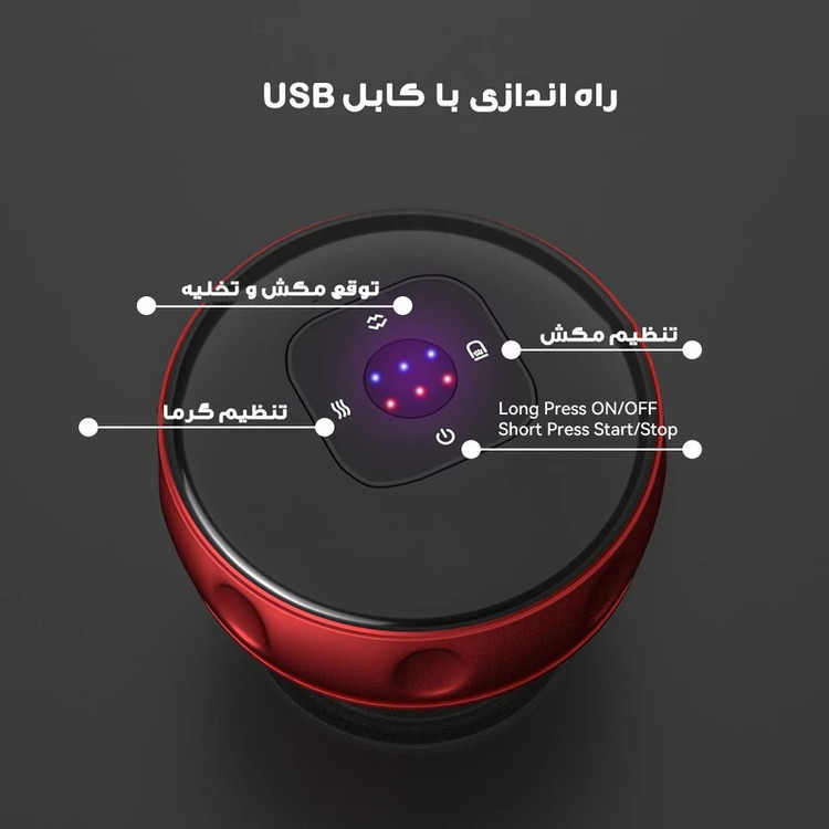 راهنمای دکمهها و کلیدهای کنترلی بادکش برقی شامل تنظیم مکش، تنظیم گرما و خاموش/روشن.