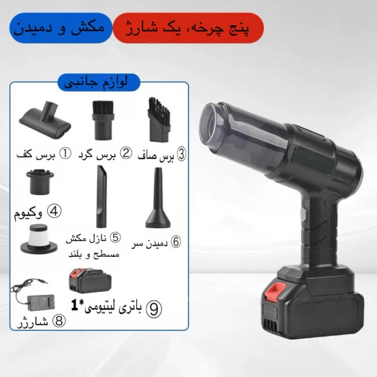اقلام و لوازم جانبی جاروشارژی شامل انواع برس، نازل مکش، وکیوم، شارژر و باتری لیتیومی.