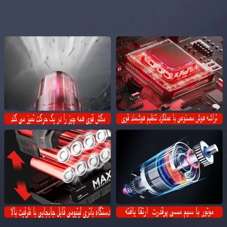 معرفی ویژگیهای فنی جاروشارژی شامل تراشه هوشمند، قدرت مکش، باتری لیتیومی و موتور مس پرقدرت
