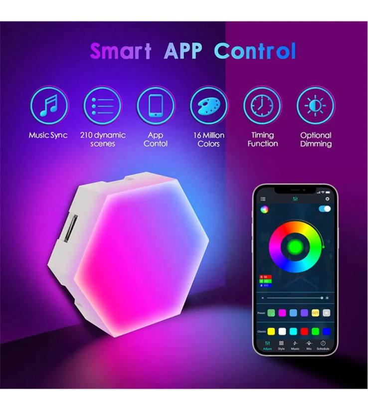 پنل LED دیواری هوشمند شش ضلعی مدل 8 تکه